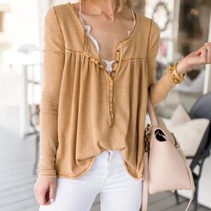 Free people Kai waffle knit thermal Henley in honey orange